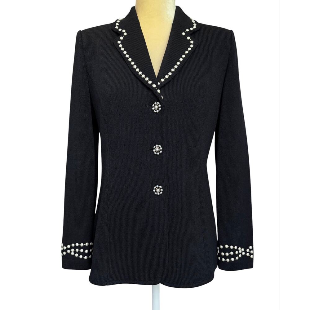 St. John Evening Santana Knit Pearl Button Down Jacket Black Size 4 Old Money